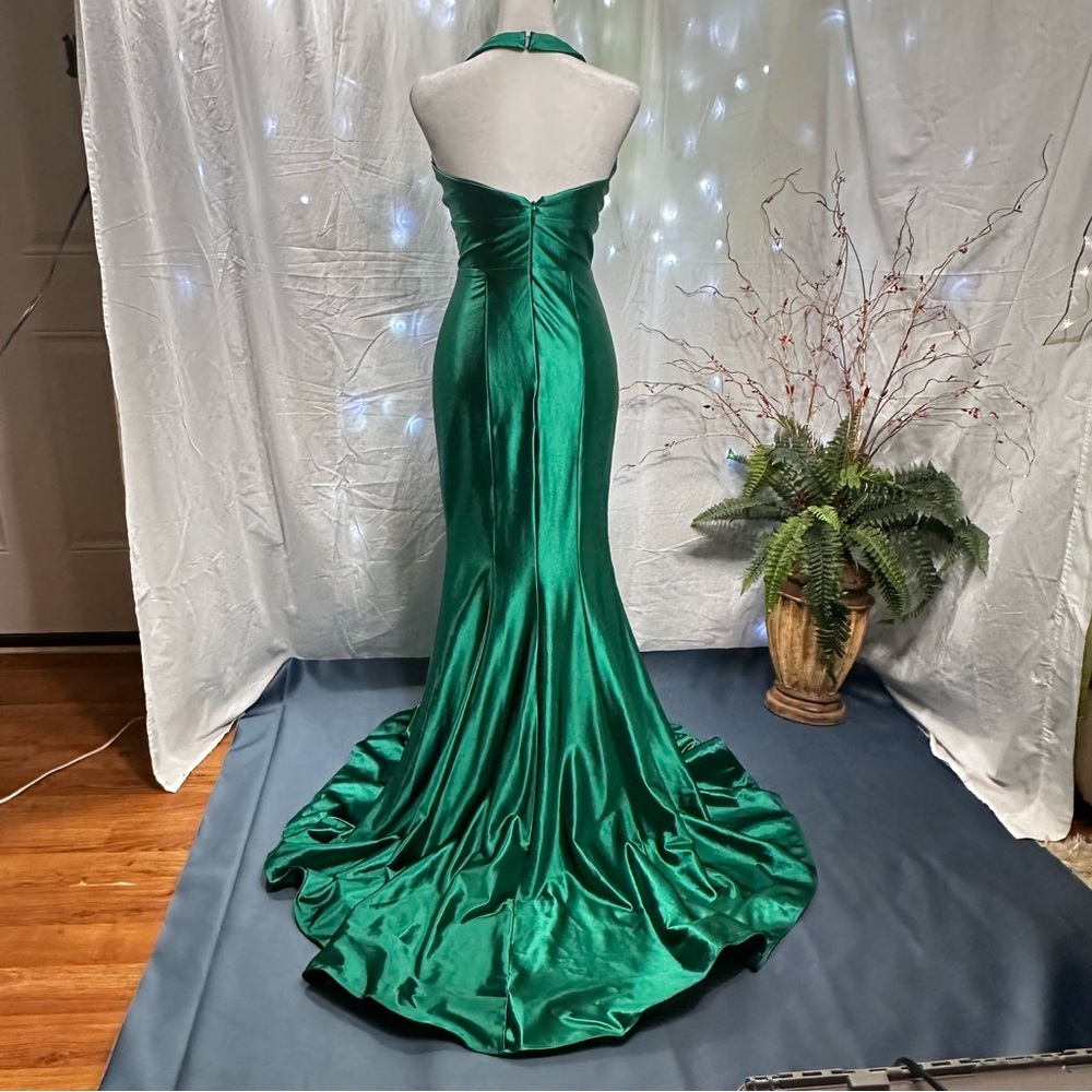 May Queen Emerald Green Satin Halter Mermaid Prom Dress - Picture 3 of 4
